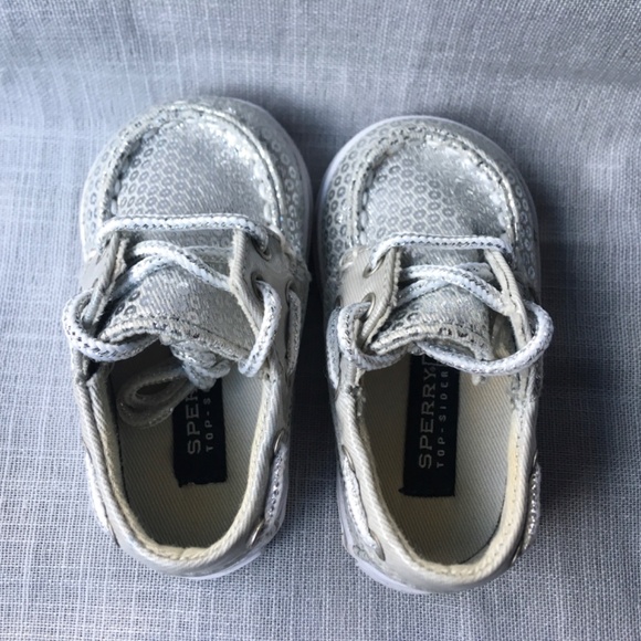 SPERRY TOP-SIDER BAHAMA CRIB SILVER SEQUIN BOAT SHOE BABY GIRLS SIZE 1 - Picture 8 of 12